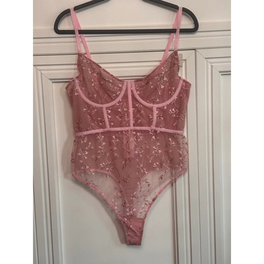 Anthropologie Lyrebird Pink Floral Mesh Corset Bodysuit L